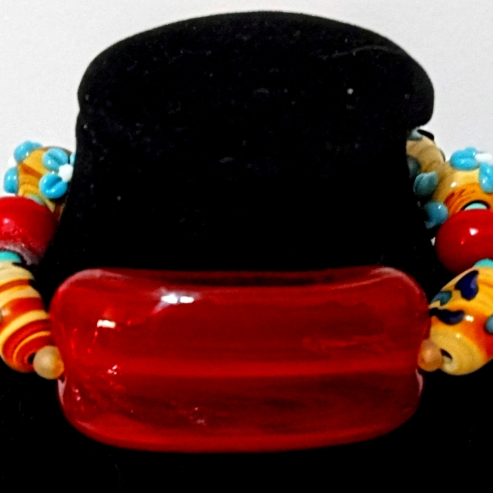 Southwest Style Lampwork Art Glass Multi Beaded Bar Tag Stretch Bracelet